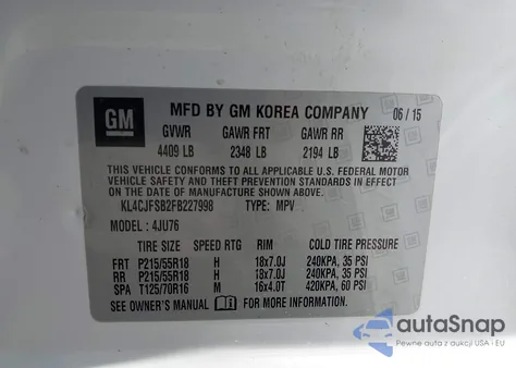 2015 Buick Encore Convenience from USA, damaged, VIN KL4CJFSB2FB227998